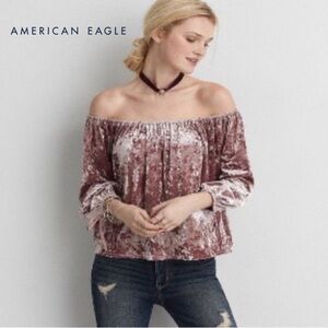 American Eagle Crushed Velvet Off Shoulder Peasant Top